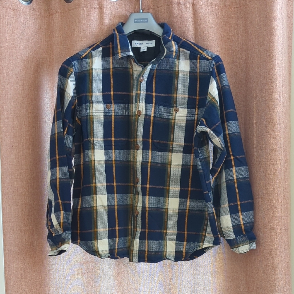 Old Navy Blue and Cream Plaid Button-Down Shirt